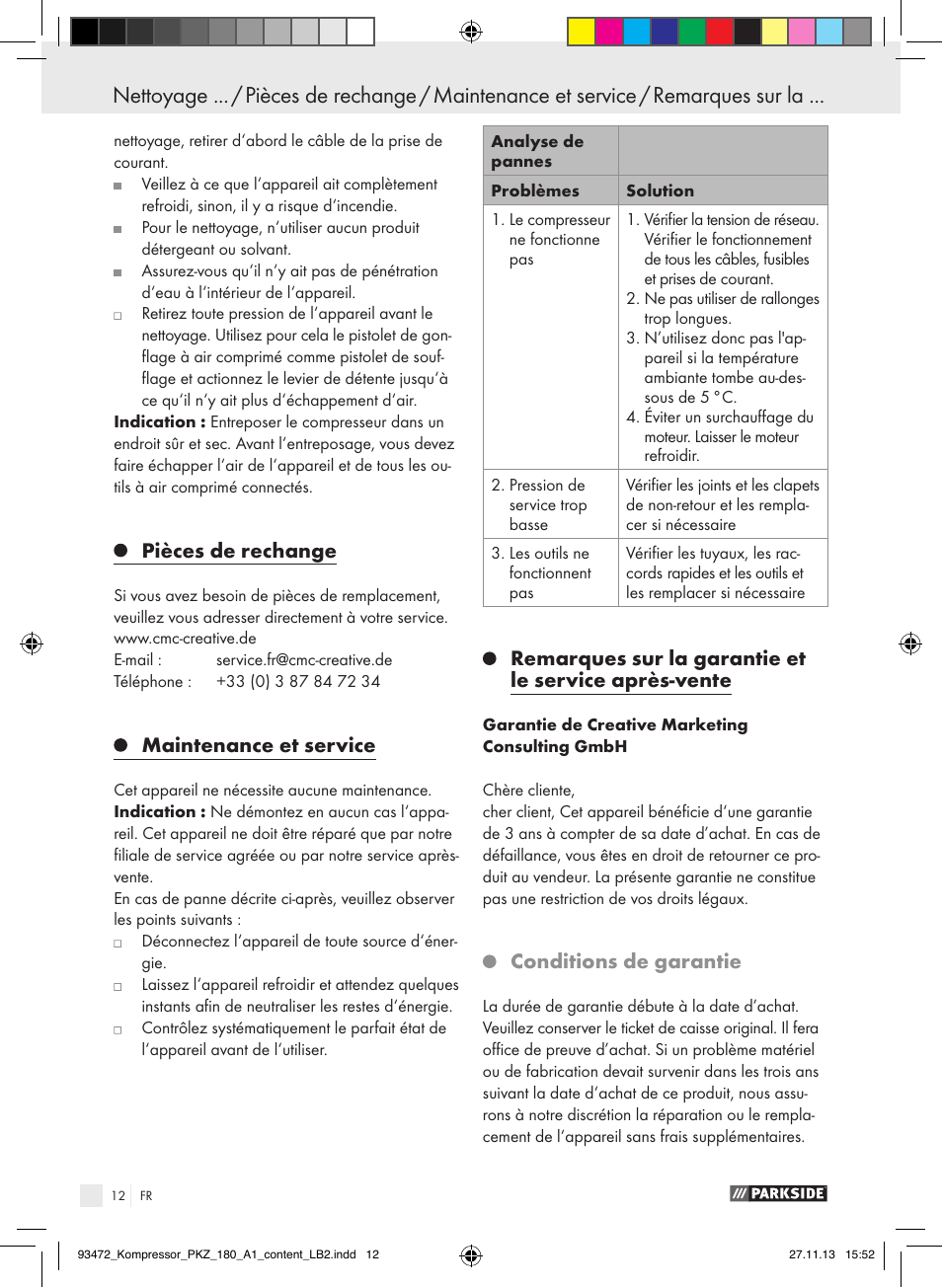 Pièces de rechange, Maintenance et service, Conditions de garantie | Parkside PKZ 180 A1 User Manual | Page 12 / 34