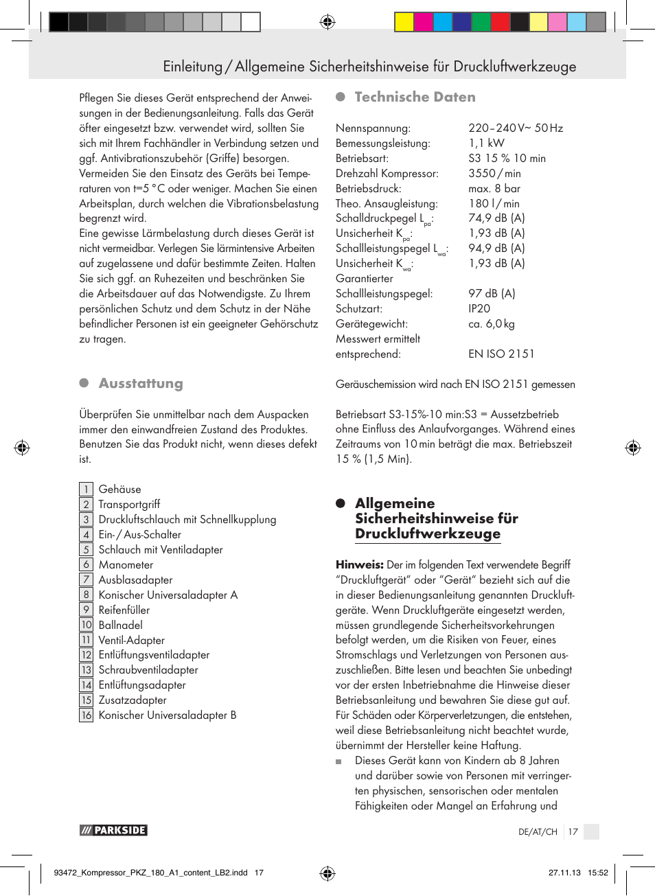 Ausstattung, Technische daten | Parkside PKZ 180 A1 User Manual | Page 17 / 34