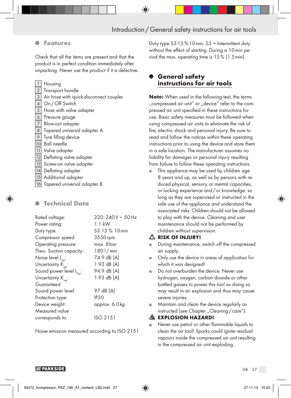 Features, Technical data, General safety instructions for air tools | Parkside PKZ 180 A1 User Manual | Page 27 / 34