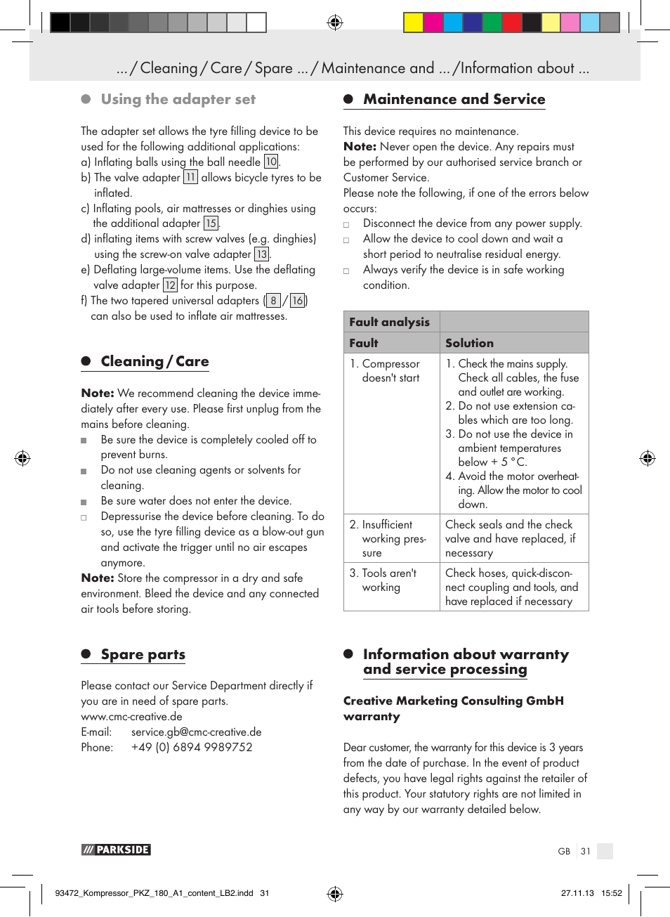 Using the adapter set, Cleaning / care, Spare parts | Maintenance and service, Information about warranty and service processing | Parkside PKZ 180 A1 User Manual | Page 31 / 34