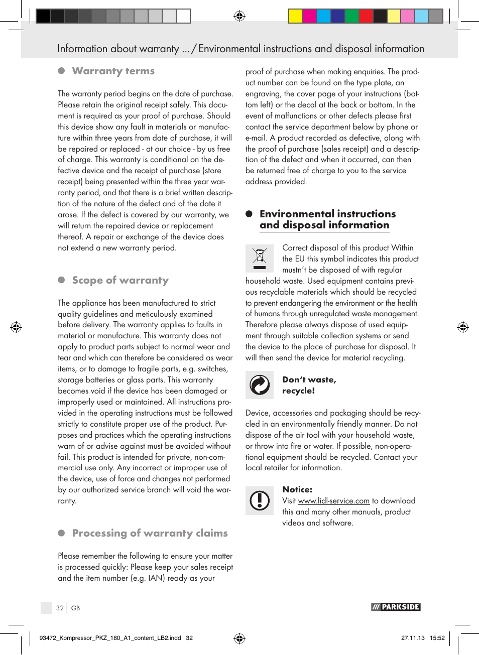 Warranty terms, Scope of warranty, Processing of warranty claims | Parkside PKZ 180 A1 User Manual | Page 32 / 34