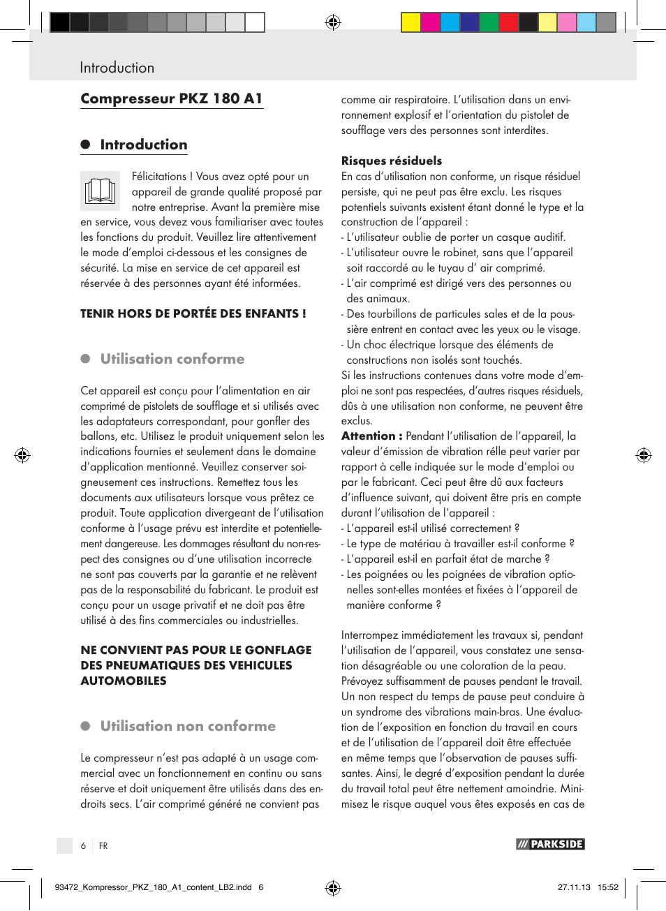 Introduction, Compresseur pkz 180 a1 introduction, Utilisation conforme | Utilisation non conforme | Parkside PKZ 180 A1 User Manual | Page 6 / 34