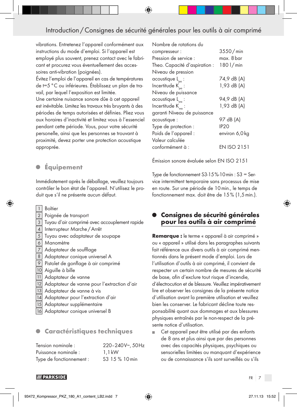 Équipement, Caractéristiques techniques | Parkside PKZ 180 A1 User Manual | Page 7 / 34