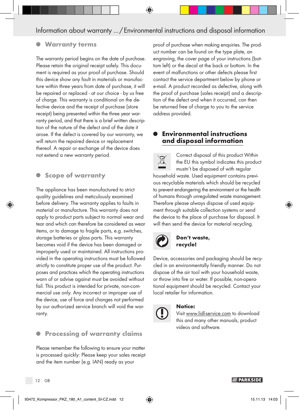 Warranty terms, Scope of warranty, Processing of warranty claims | Parkside PKZ 180 A1 User Manual | Page 12 / 45