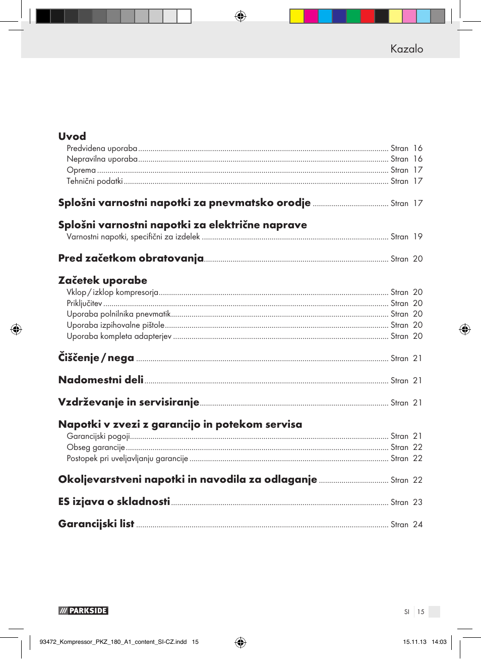 Kazalo | Parkside PKZ 180 A1 User Manual | Page 15 / 45