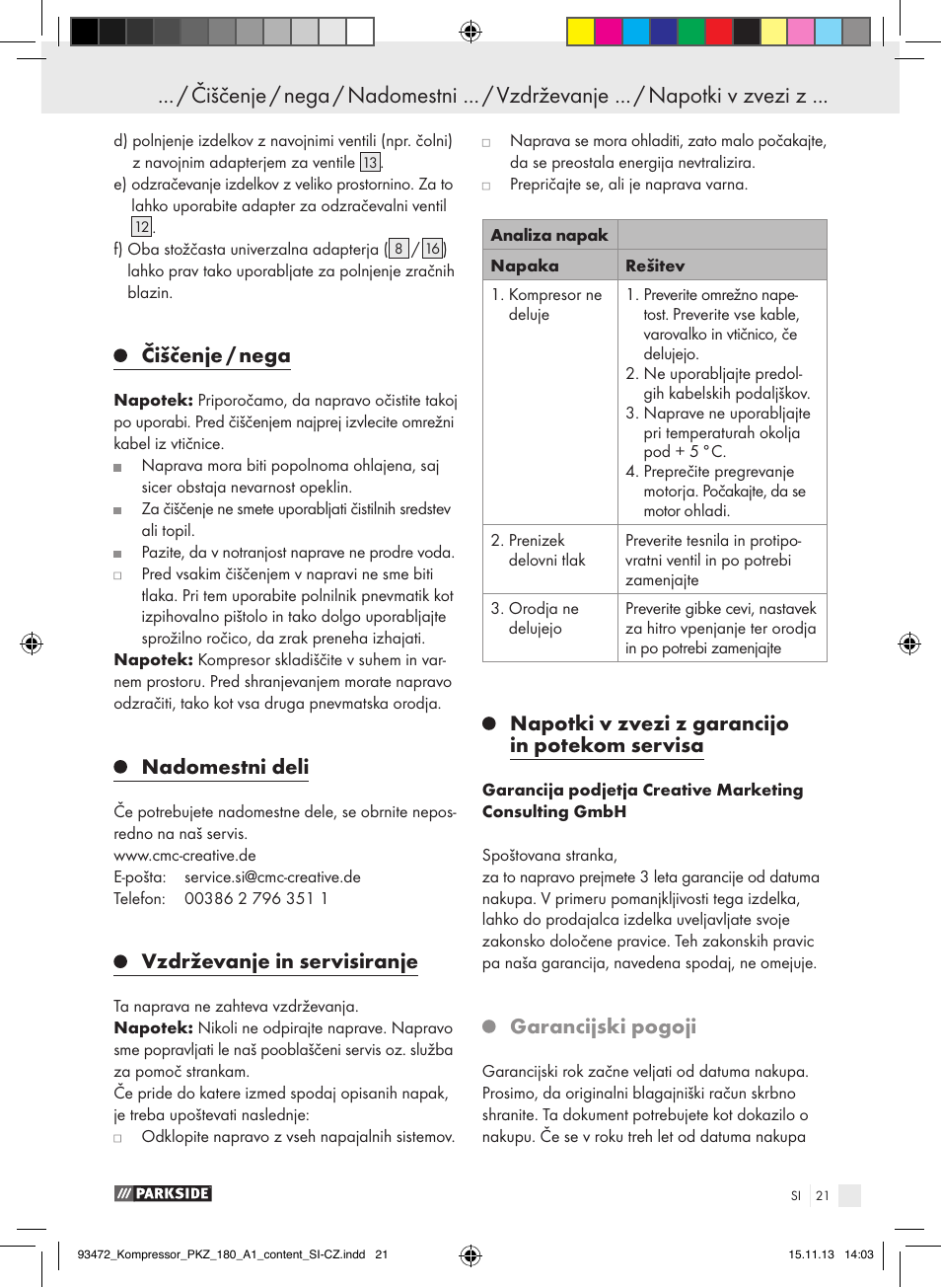 Čiščenje / nega, Nadomestni deli, Vzdrževanje in servisiranje | Napotki v zvezi z garancijo in potekom servisa, Garancijski pogoji | Parkside PKZ 180 A1 User Manual | Page 21 / 45