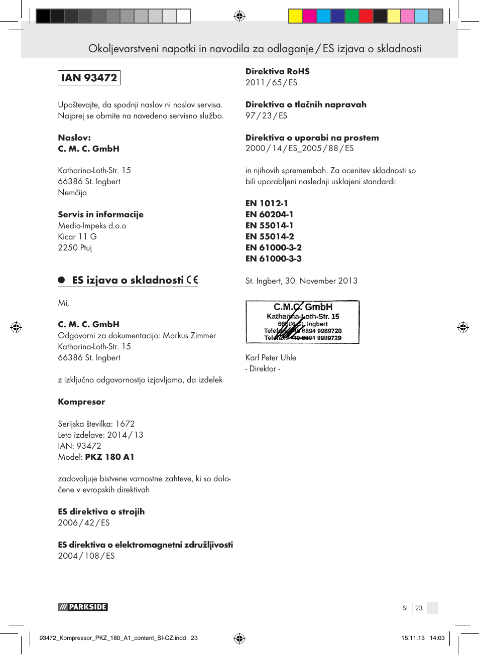 Es izjava o skladnosti | Parkside PKZ 180 A1 User Manual | Page 23 / 45