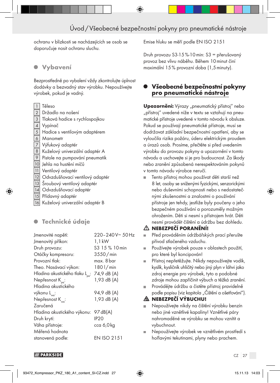 Vybavení, Technické údaje | Parkside PKZ 180 A1 User Manual | Page 27 / 45