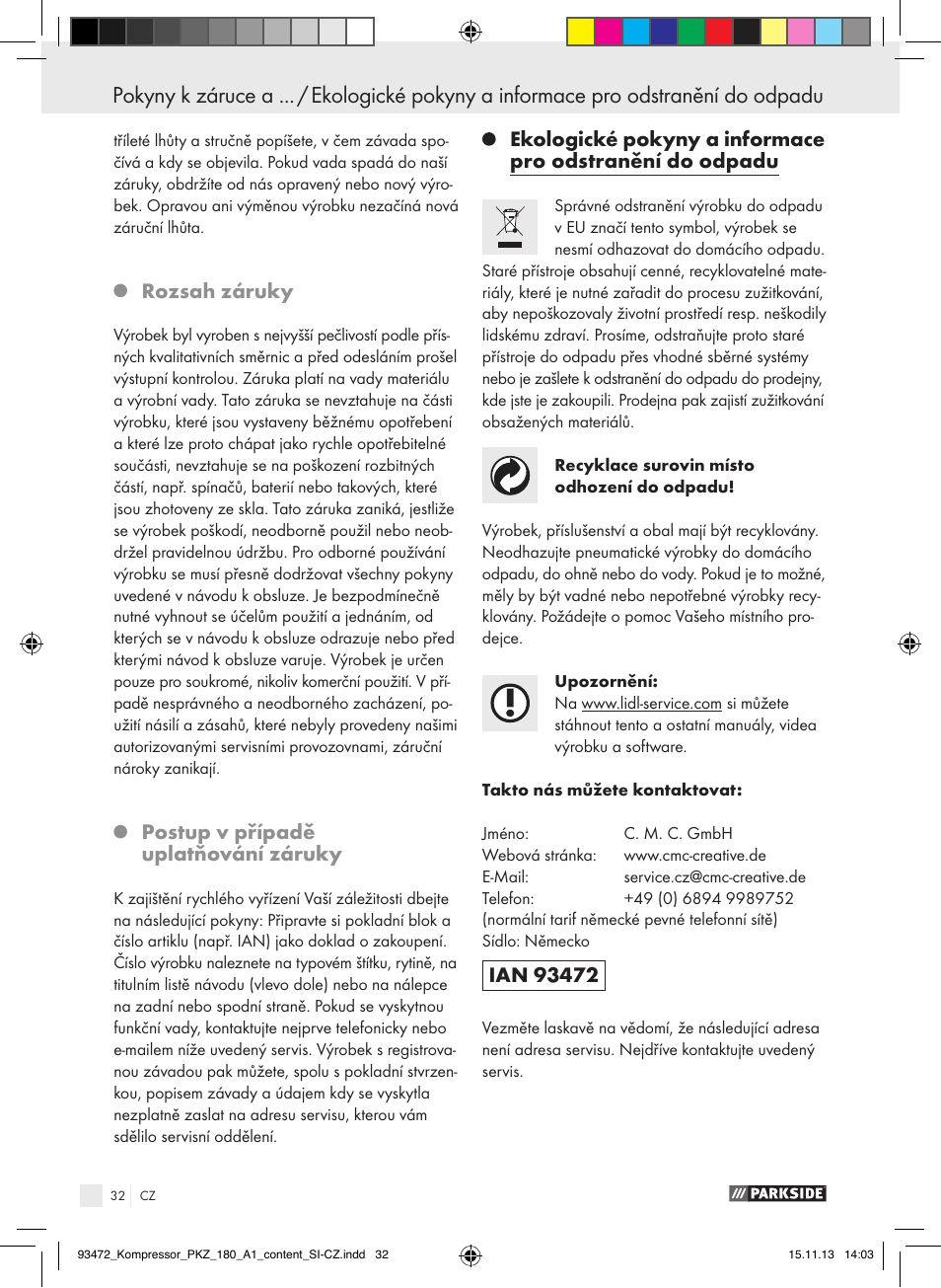 Rozsah záruky, Postup v případě uplatňování záruky | Parkside PKZ 180 A1 User Manual | Page 32 / 45