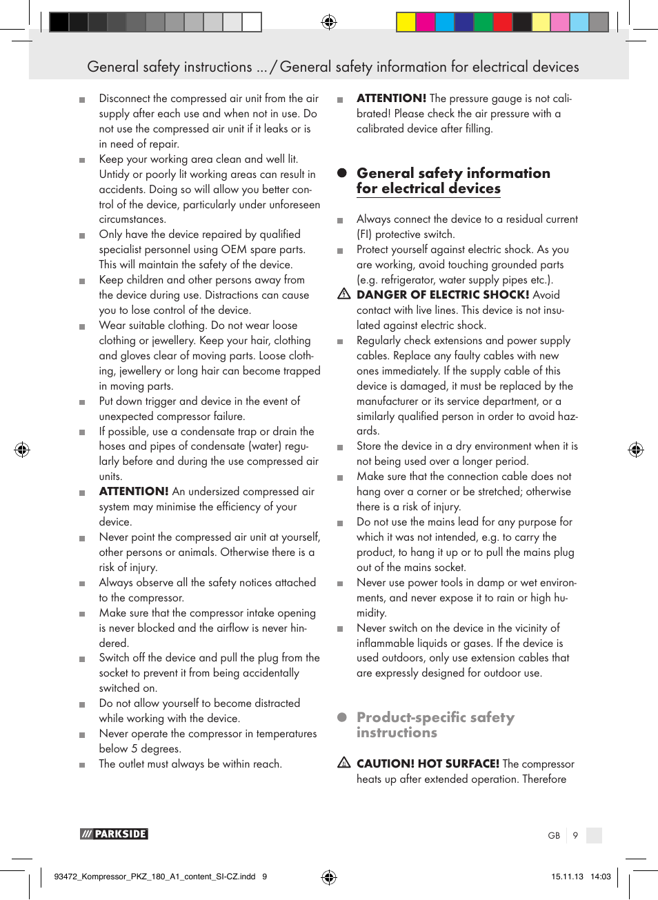 General safety instructions for air tools, General safety information for electrical devices, Product-specific safety instructions | Parkside PKZ 180 A1 User Manual | Page 9 / 45