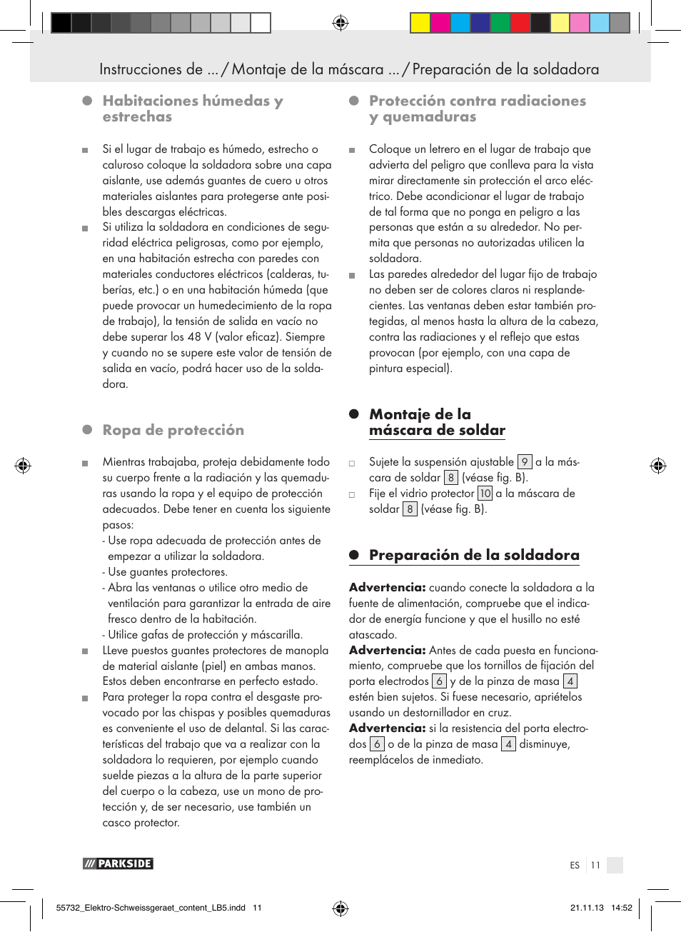 Habitaciones húmedas y estrechas, Ropa de protección, Protección contra radiaciones y quemaduras | Montaje de la máscara de soldar, Preparación de la soldadora | Parkside PESG 120 A1 User Manual | Page 11 / 57