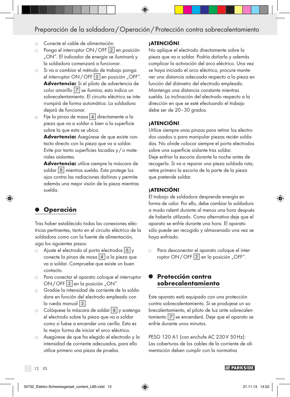 Operación, Protección contra sobrecalentamiento | Parkside PESG 120 A1 User Manual | Page 12 / 57