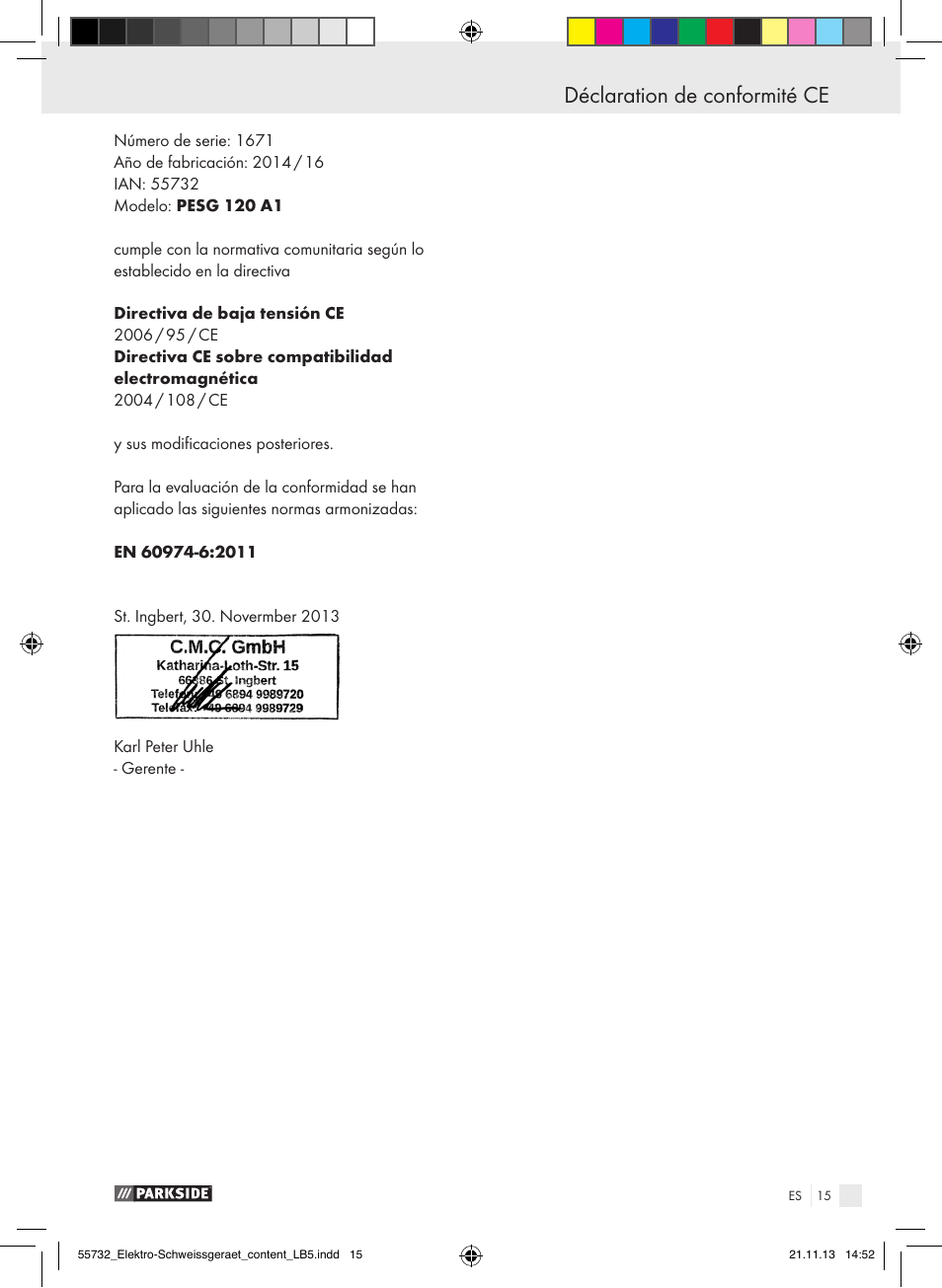Déclaration de conformité ce | Parkside PESG 120 A1 User Manual | Page 15 / 57