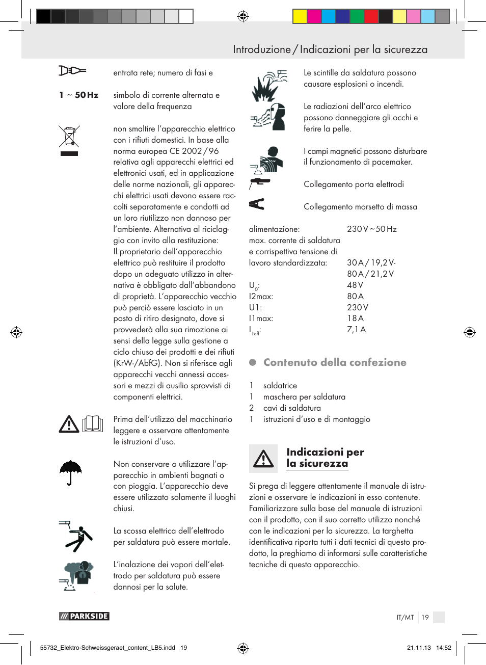 Contenuto della confezione, Indicazioni per la sicurezza | Parkside PESG 120 A1 User Manual | Page 19 / 57