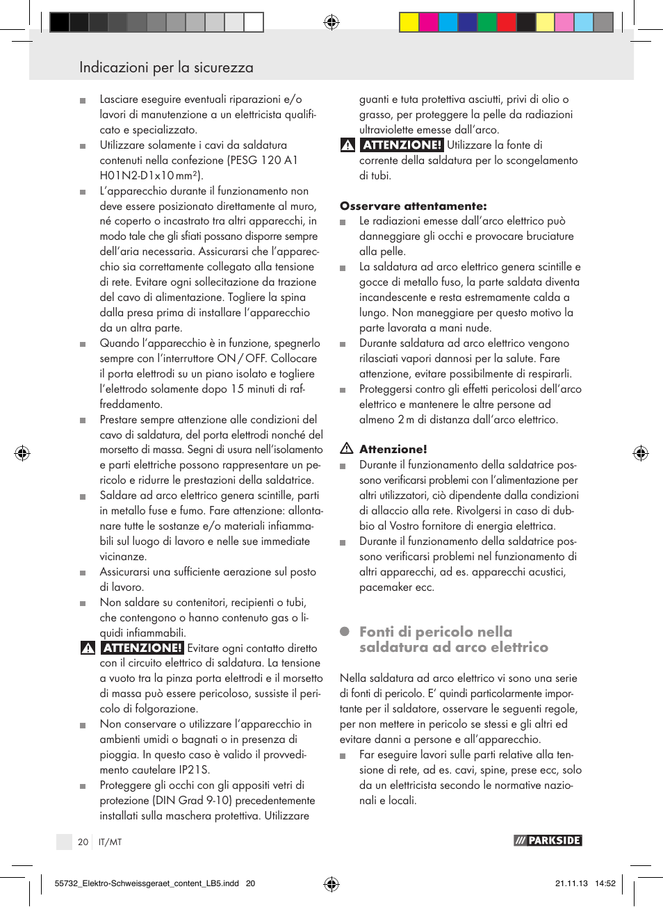 Indicazioni per la sicurezza | Parkside PESG 120 A1 User Manual | Page 20 / 57