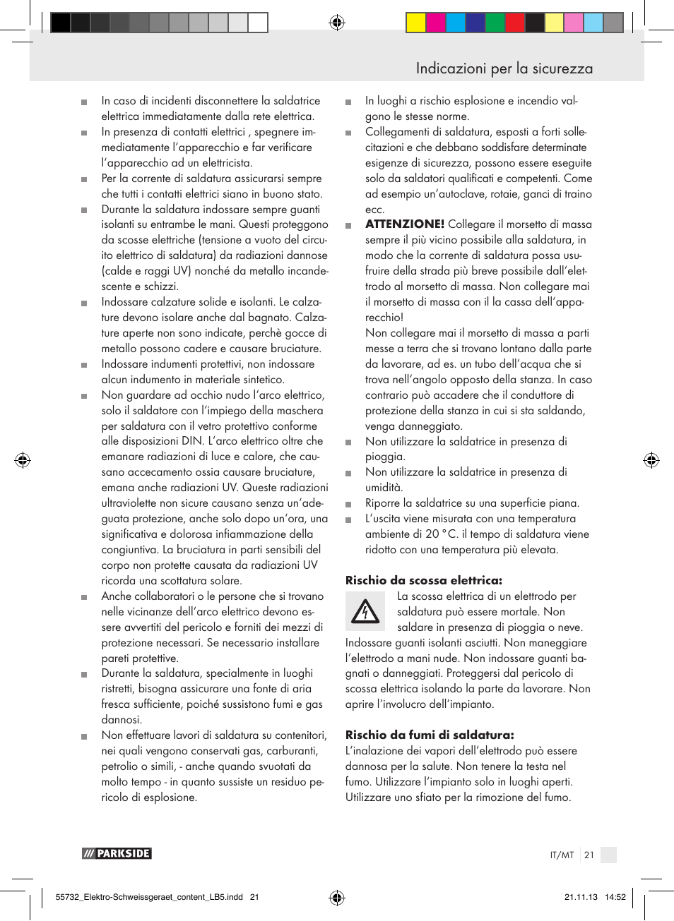 Indicazioni per la sicurezza | Parkside PESG 120 A1 User Manual | Page 21 / 57