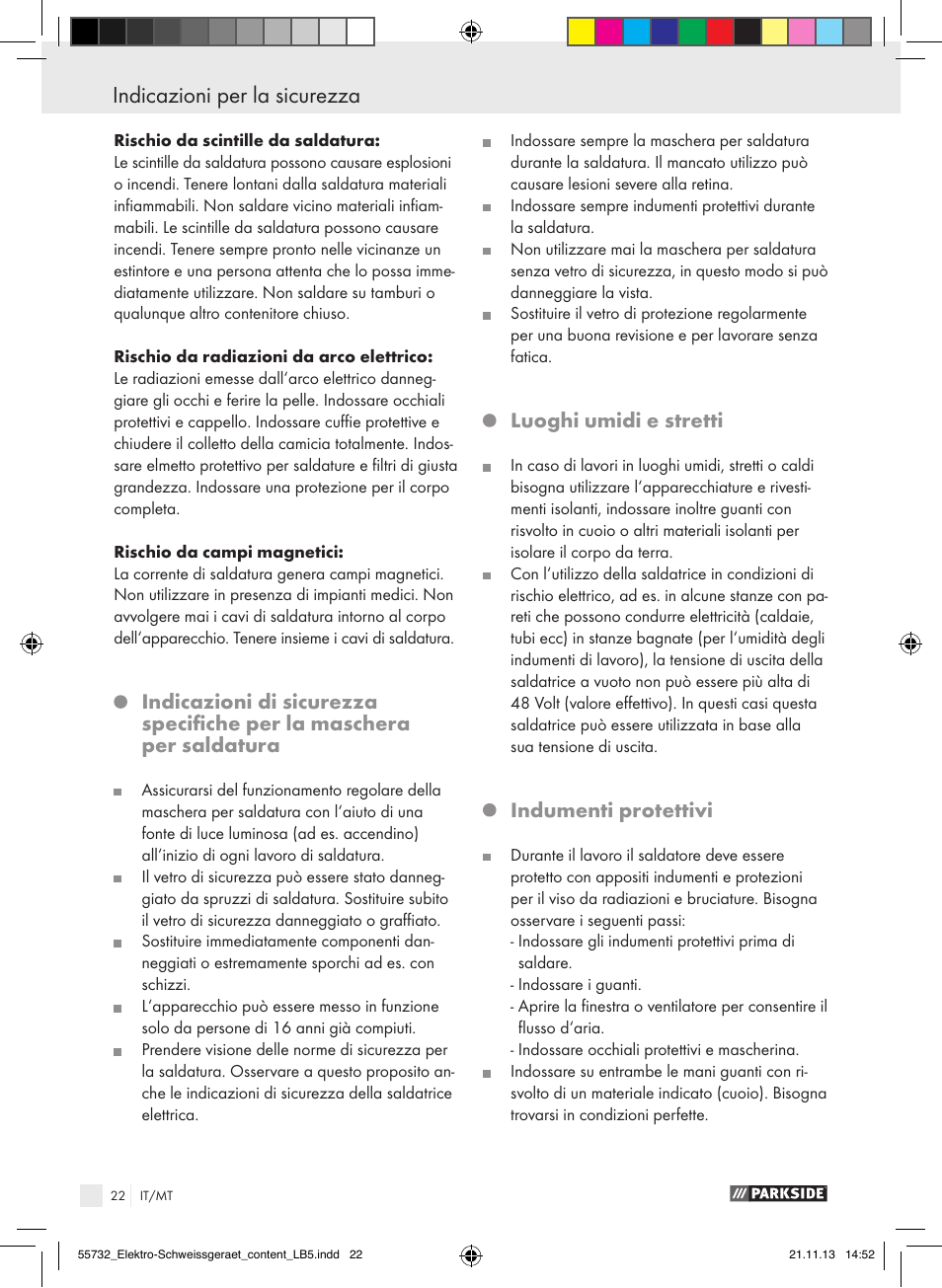 Luoghi umidi e stretti, Indumenti protettivi | Parkside PESG 120 A1 User Manual | Page 22 / 57