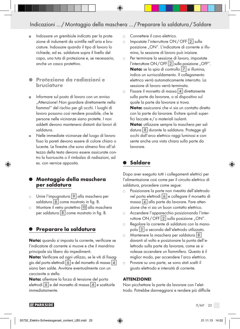 Protezione da radiazioni e bruciature, Montaggio della maschera per saldatura, Preparare la saldatura | Saldare | Parkside PESG 120 A1 User Manual | Page 23 / 57