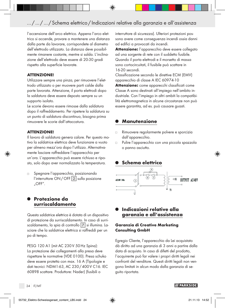 Protezione da surriscaldamento, Manutenzione | Parkside PESG 120 A1 User Manual | Page 24 / 57