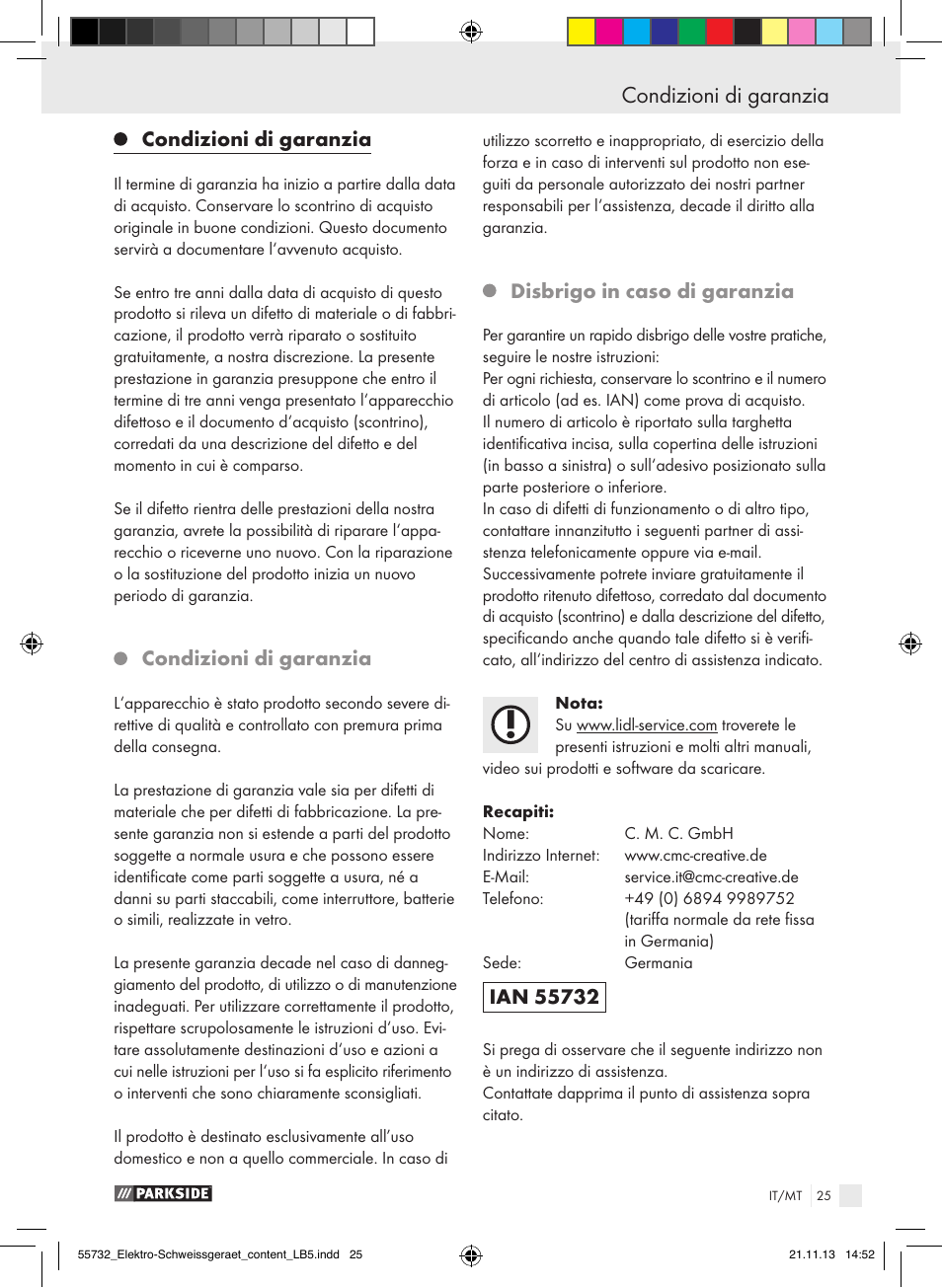 Condizioni di garanzia, Disbrigo in caso di garanzia | Parkside PESG 120 A1 User Manual | Page 25 / 57