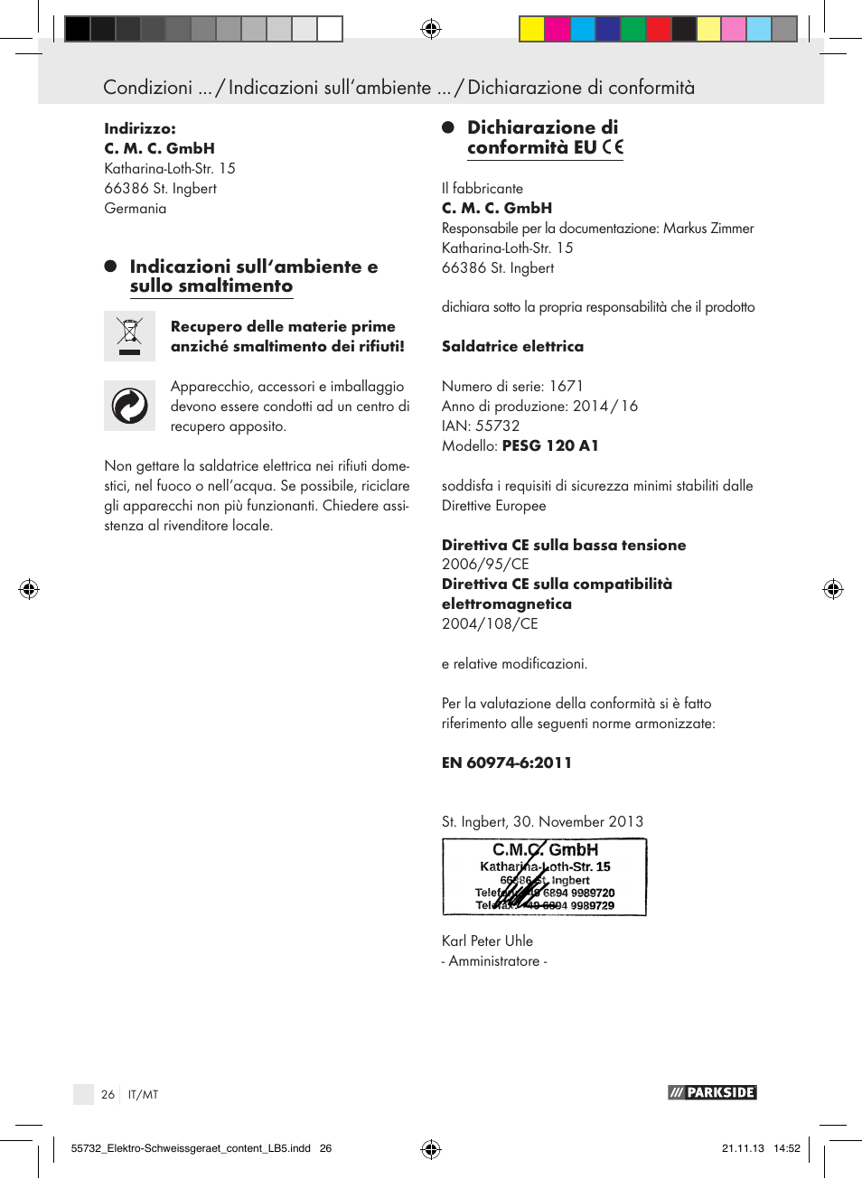 Indicazioni sull‘ambiente e sullo smaltimento, Dichiarazione di conformità eu | Parkside PESG 120 A1 User Manual | Page 26 / 57