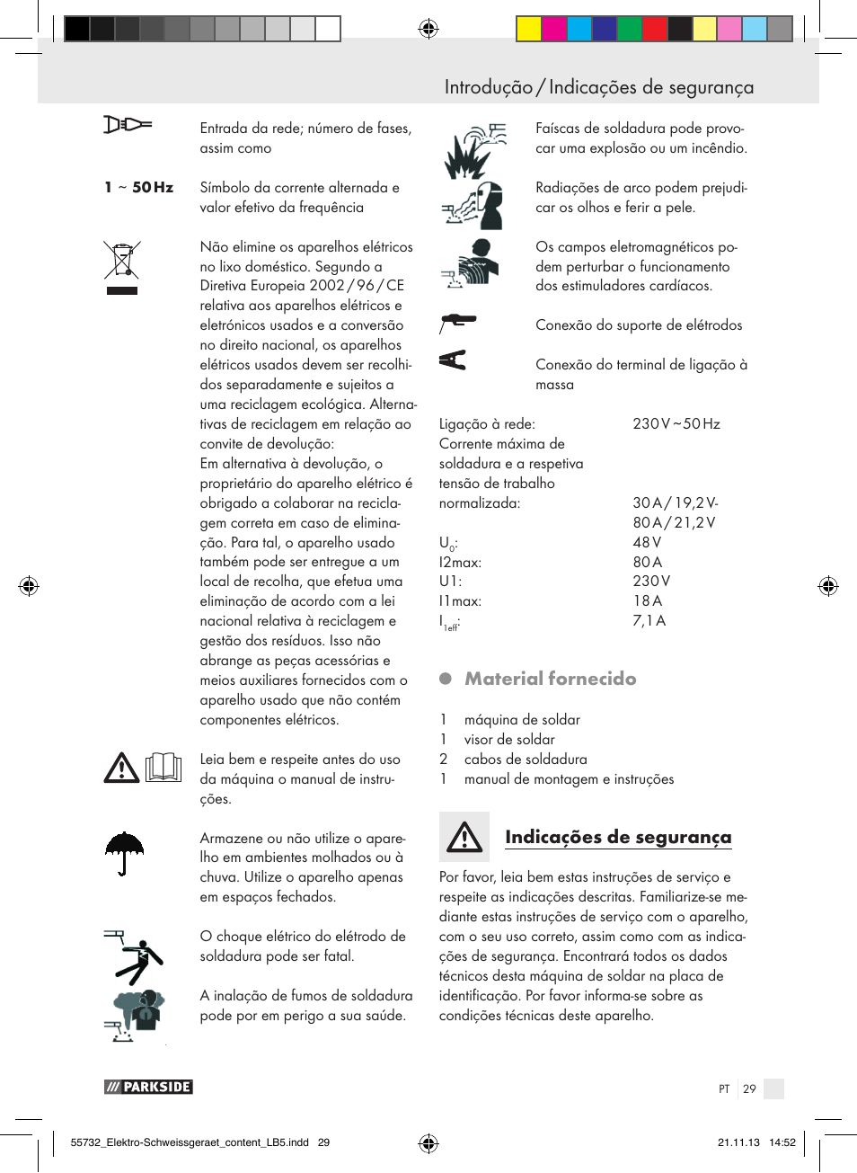 Introdução / indicações de segurança introdução, Material fornecido, Indicações de segurança | Parkside PESG 120 A1 User Manual | Page 29 / 57