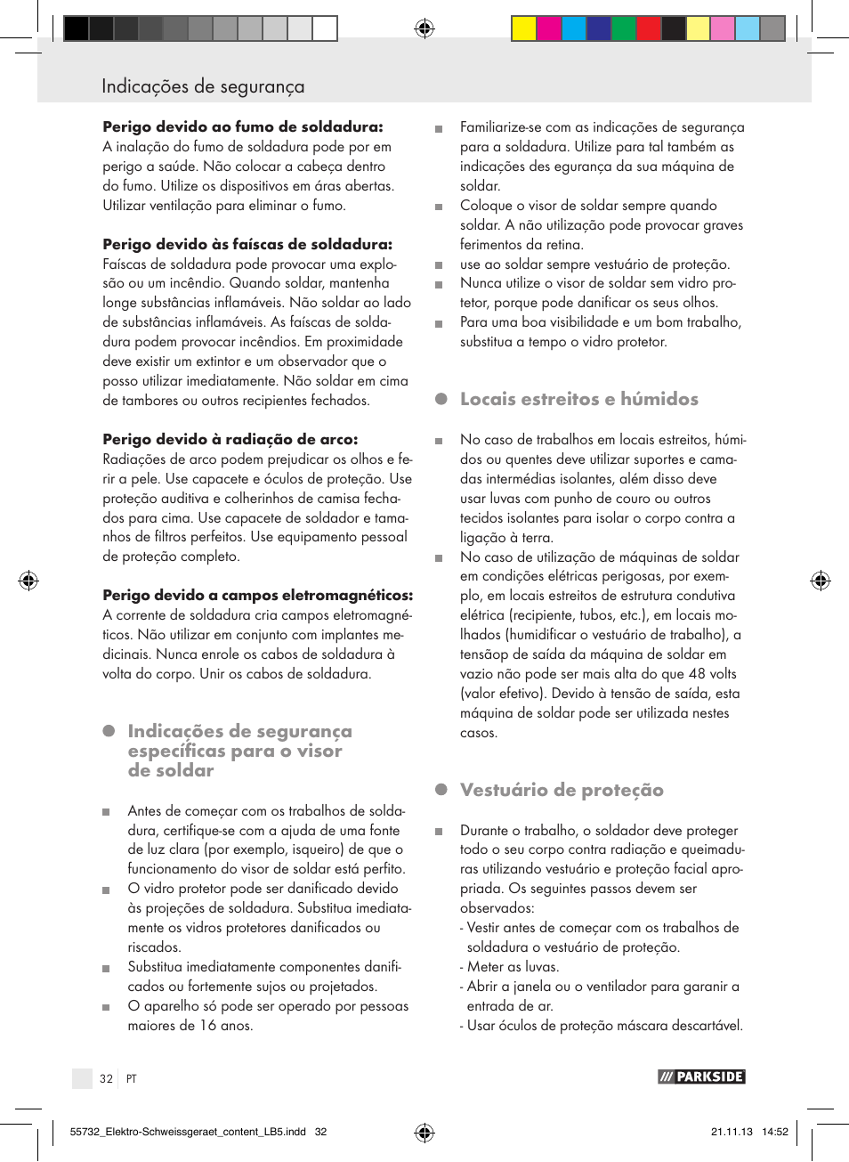 Locais estreitos e húmidos, Vestuário de proteção | Parkside PESG 120 A1 User Manual | Page 32 / 57