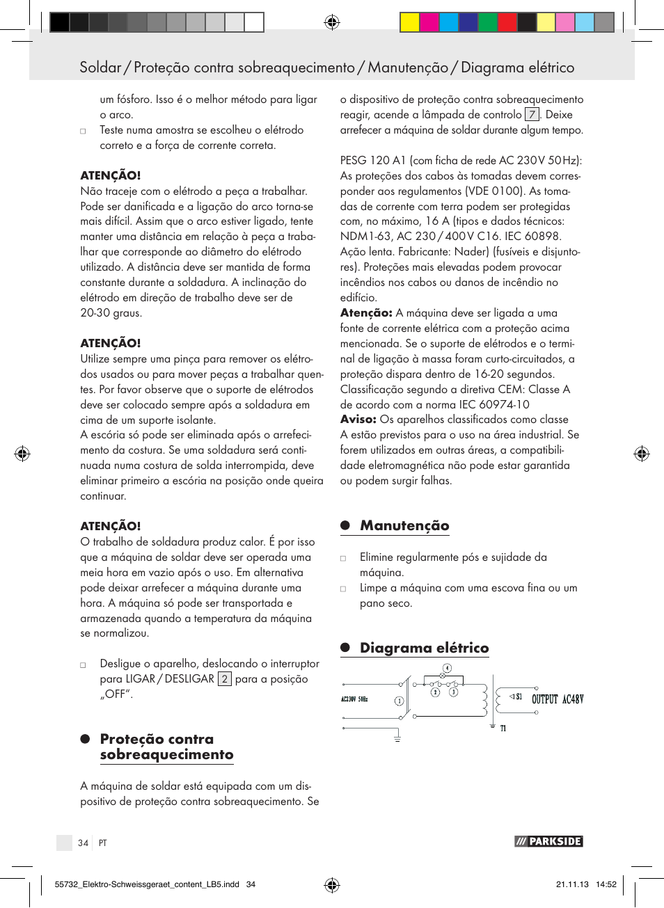 Proteção contra sobreaquecimento, Manutenção, Diagrama elétrico | Parkside PESG 120 A1 User Manual | Page 34 / 57