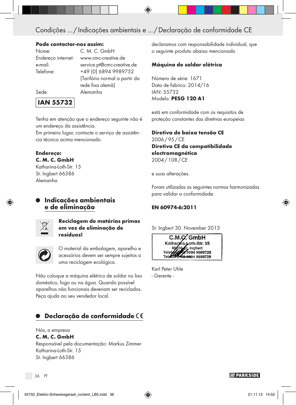 Indicações ambientais e de eliminação, Declaração de conformidade | Parkside PESG 120 A1 User Manual | Page 36 / 57