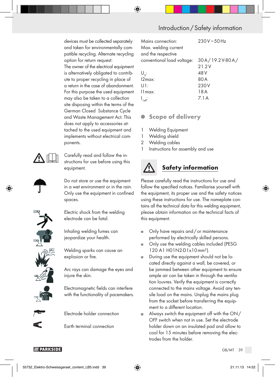 Introduction / safety information introduction, Scope of delivery, Safety information | Parkside PESG 120 A1 User Manual | Page 39 / 57