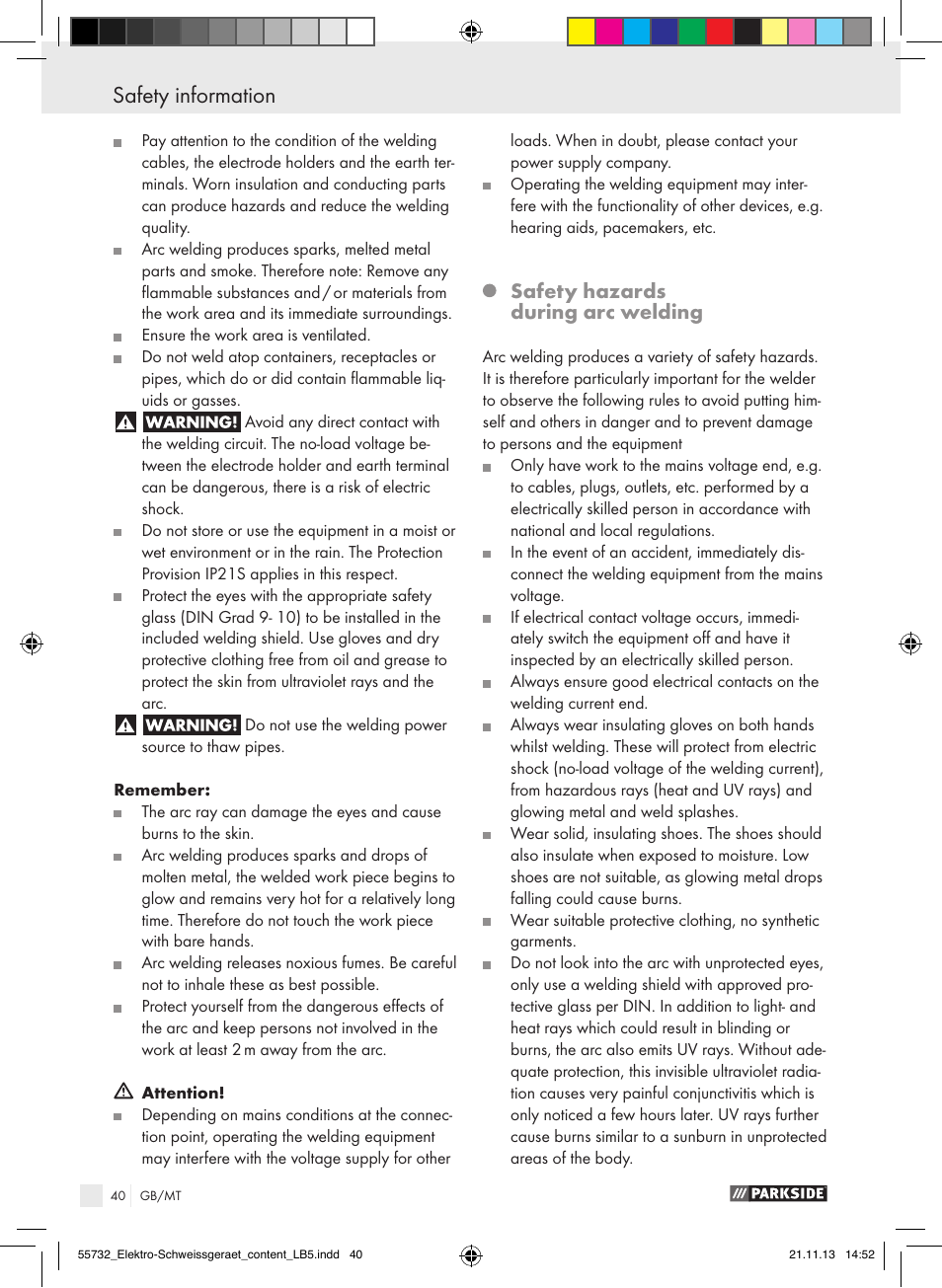 Safety information, Safety hazards during arc welding | Parkside PESG 120 A1 User Manual | Page 40 / 57