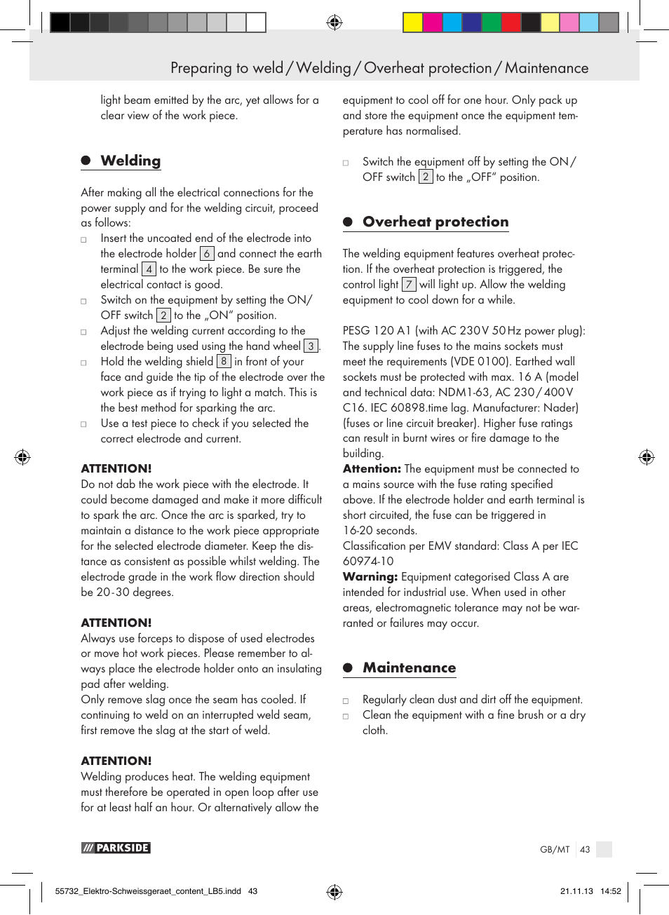 Welding, Overheat protection, Maintenance | Parkside PESG 120 A1 User Manual | Page 43 / 57