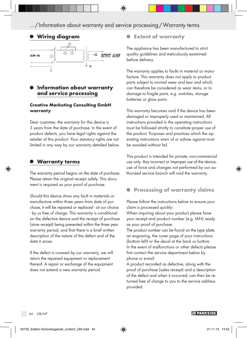 Warranty terms, Extent of warranty, Processing of warranty claims | Parkside PESG 120 A1 User Manual | Page 44 / 57