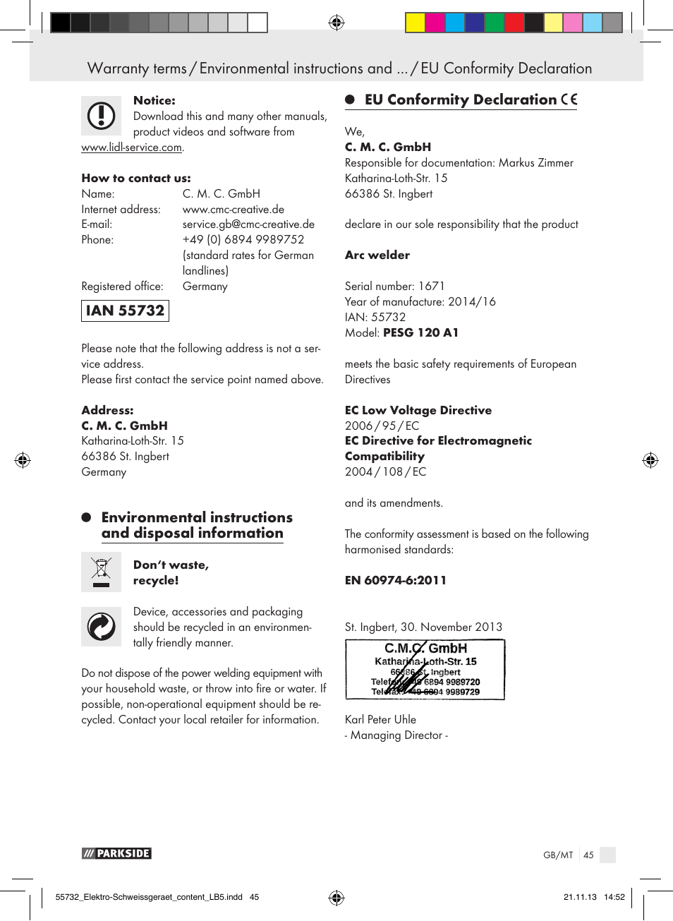 Eu conformity declaration | Parkside PESG 120 A1 User Manual | Page 45 / 57