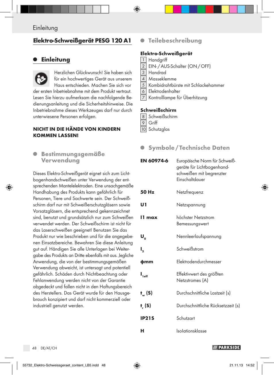 Einleitung einleitung / sicherheitshinweise, Elektro-schweißgerät pesg 120 a1 einleitung, Bestimmungsgemäße verwendung | Teilebeschreibung, Symbole / technische daten | Parkside PESG 120 A1 User Manual | Page 48 / 57