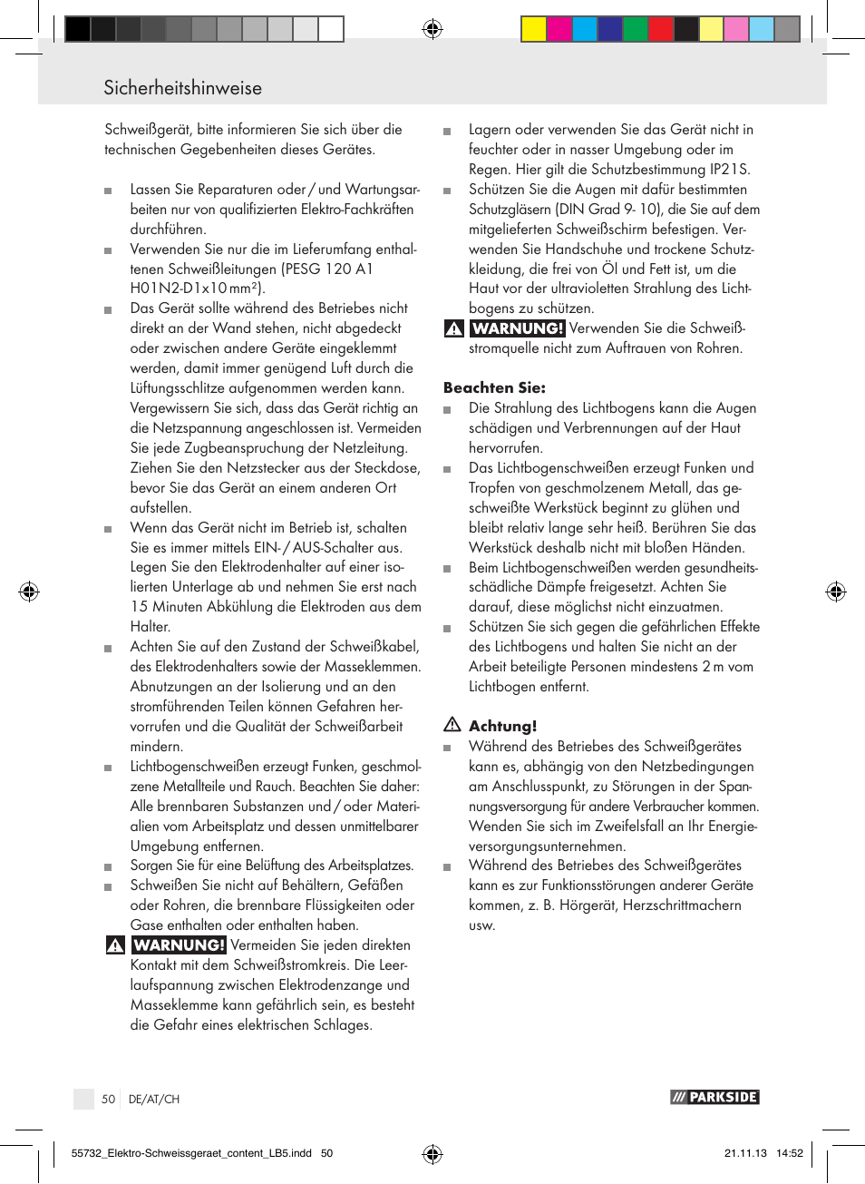 Sicherheitshinweise | Parkside PESG 120 A1 User Manual | Page 50 / 57