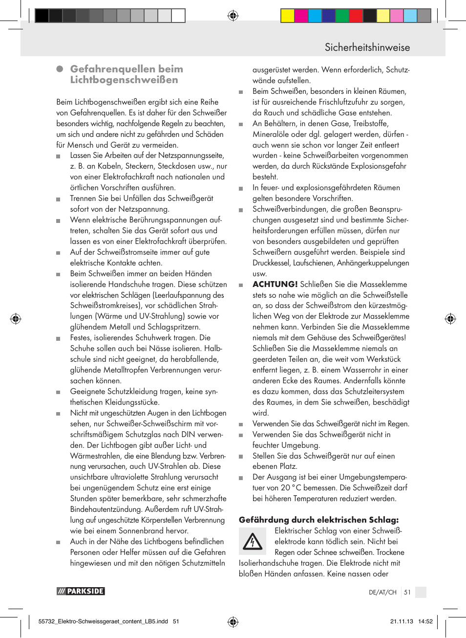 Sicherheitshinweise, Gefahrenquellen beim lichtbogenschweißen | Parkside PESG 120 A1 User Manual | Page 51 / 57