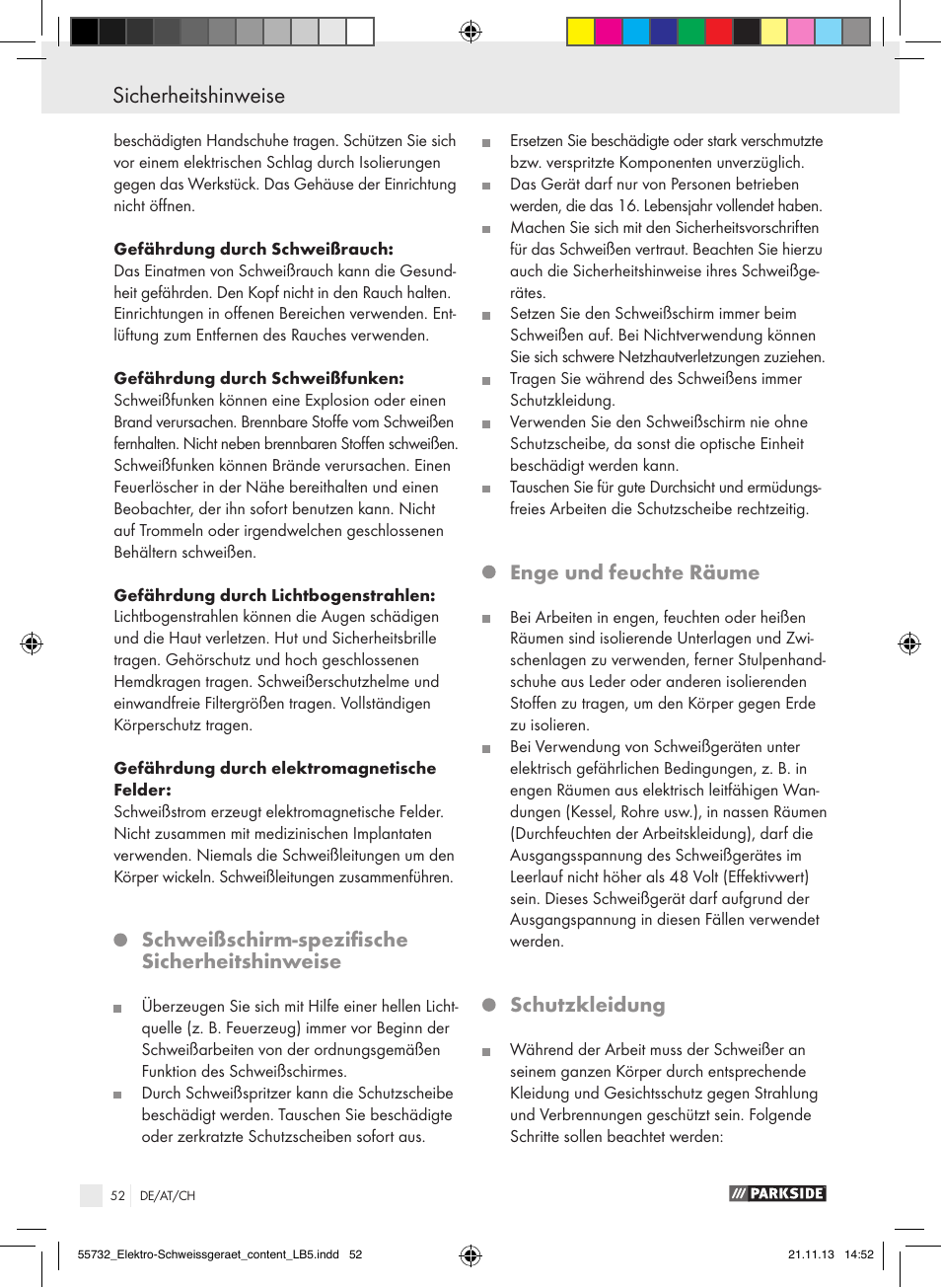 Sicherheitshinweise, Schweißschirm-spezifische sicherheitshinweise, Enge und feuchte räume | Schutzkleidung | Parkside PESG 120 A1 User Manual | Page 52 / 57