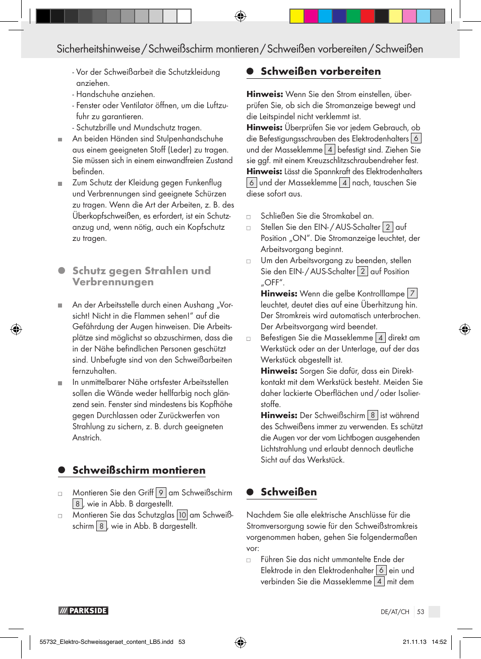 Sicherheitshinweise, Schutz gegen strahlen und verbrennungen, Schweißschirm montieren | Schweißen vorbereiten, Schweißen | Parkside PESG 120 A1 User Manual | Page 53 / 57