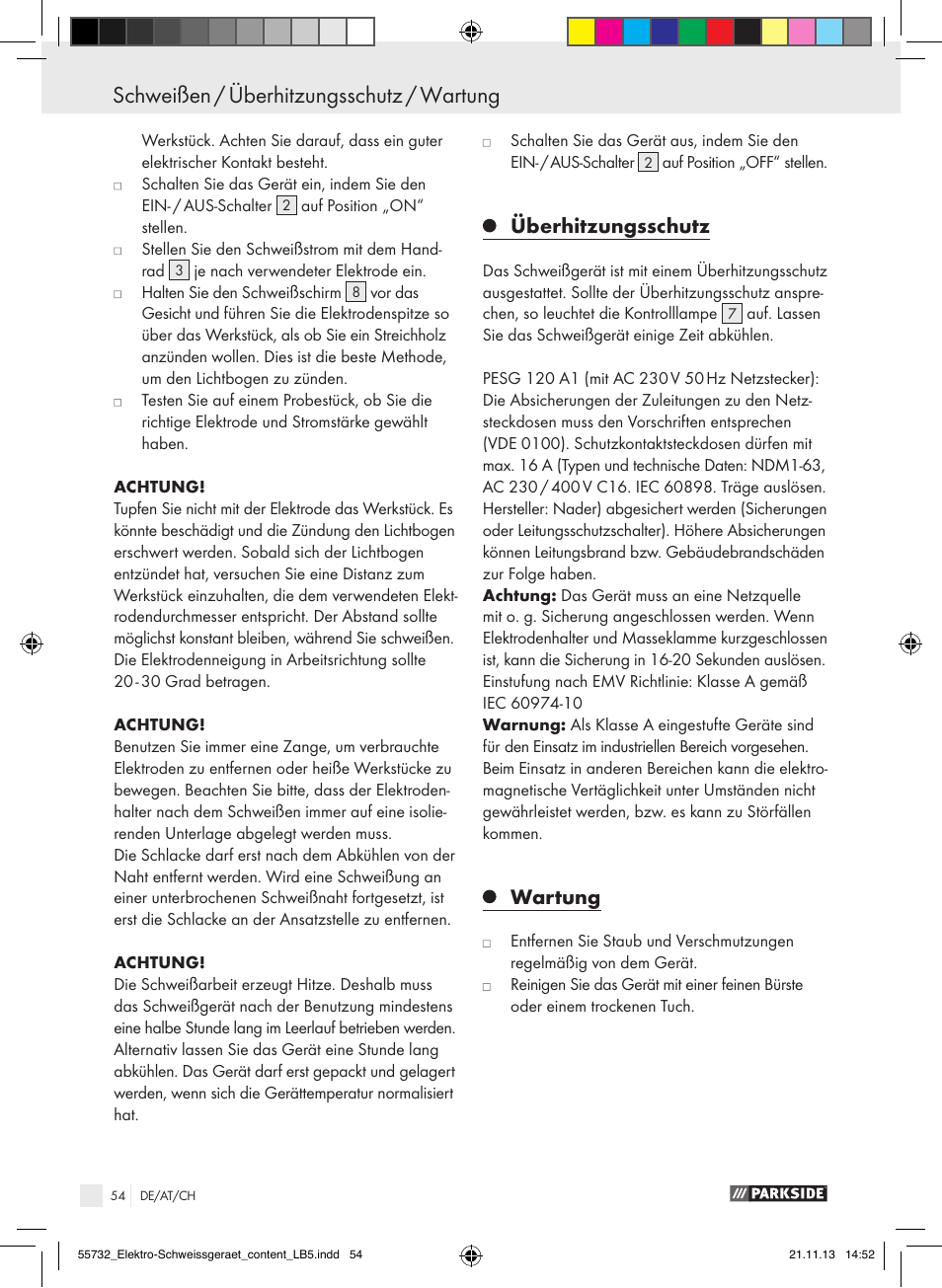 Schweißen / überhitzungsschutz / wartung, Überhitzungsschutz, Wartung | Parkside PESG 120 A1 User Manual | Page 54 / 57