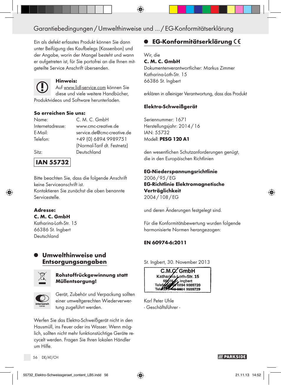 Umwelthinweise und entsorgungsangaben, Eg-konformitätserklärung | Parkside PESG 120 A1 User Manual | Page 56 / 57