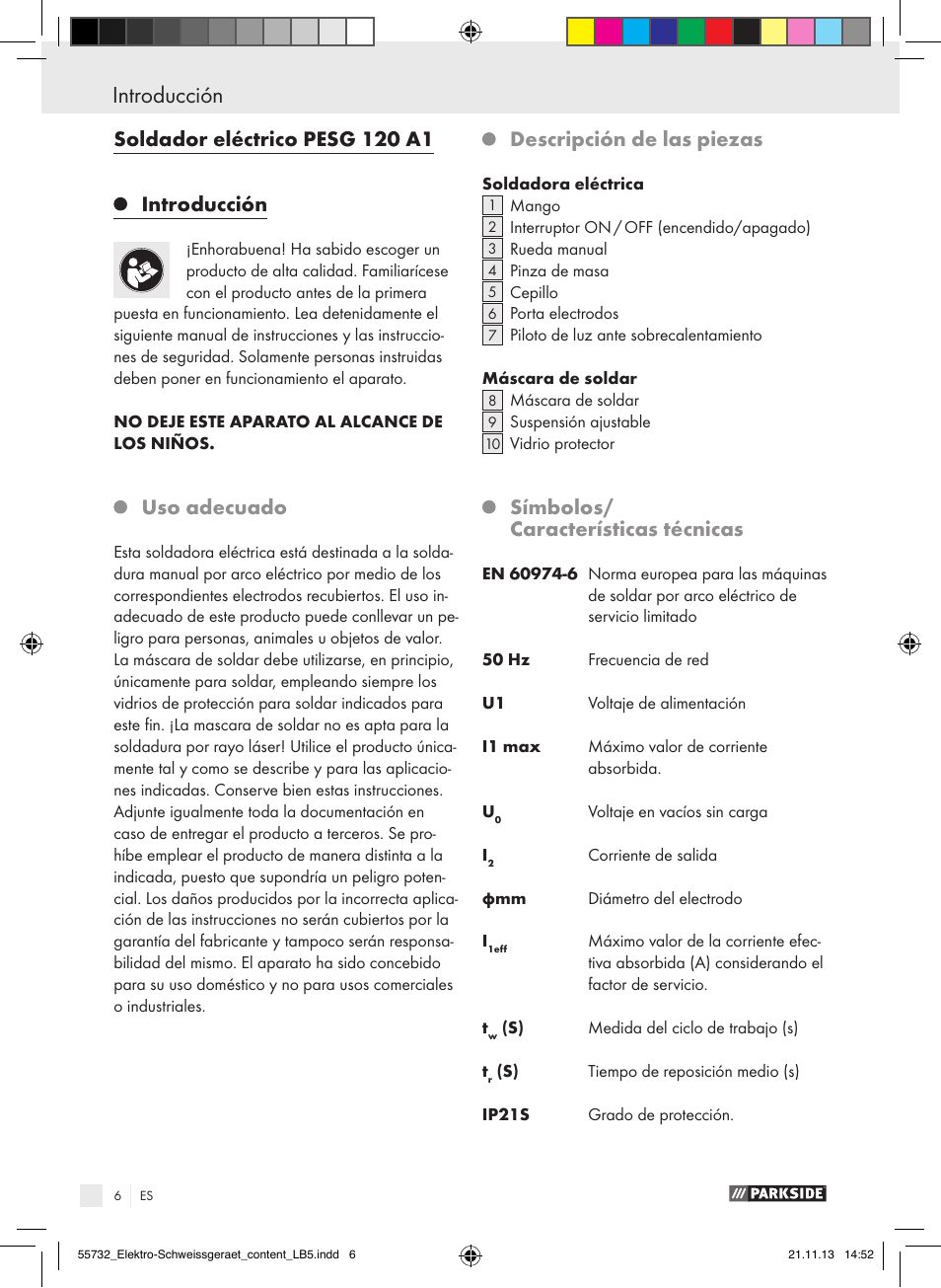 Soldador eléctrico pesg 120 a1 introducción, Uso adecuado, Descripción de las piezas | Símbolos/ características técnicas | Parkside PESG 120 A1 User Manual | Page 6 / 57