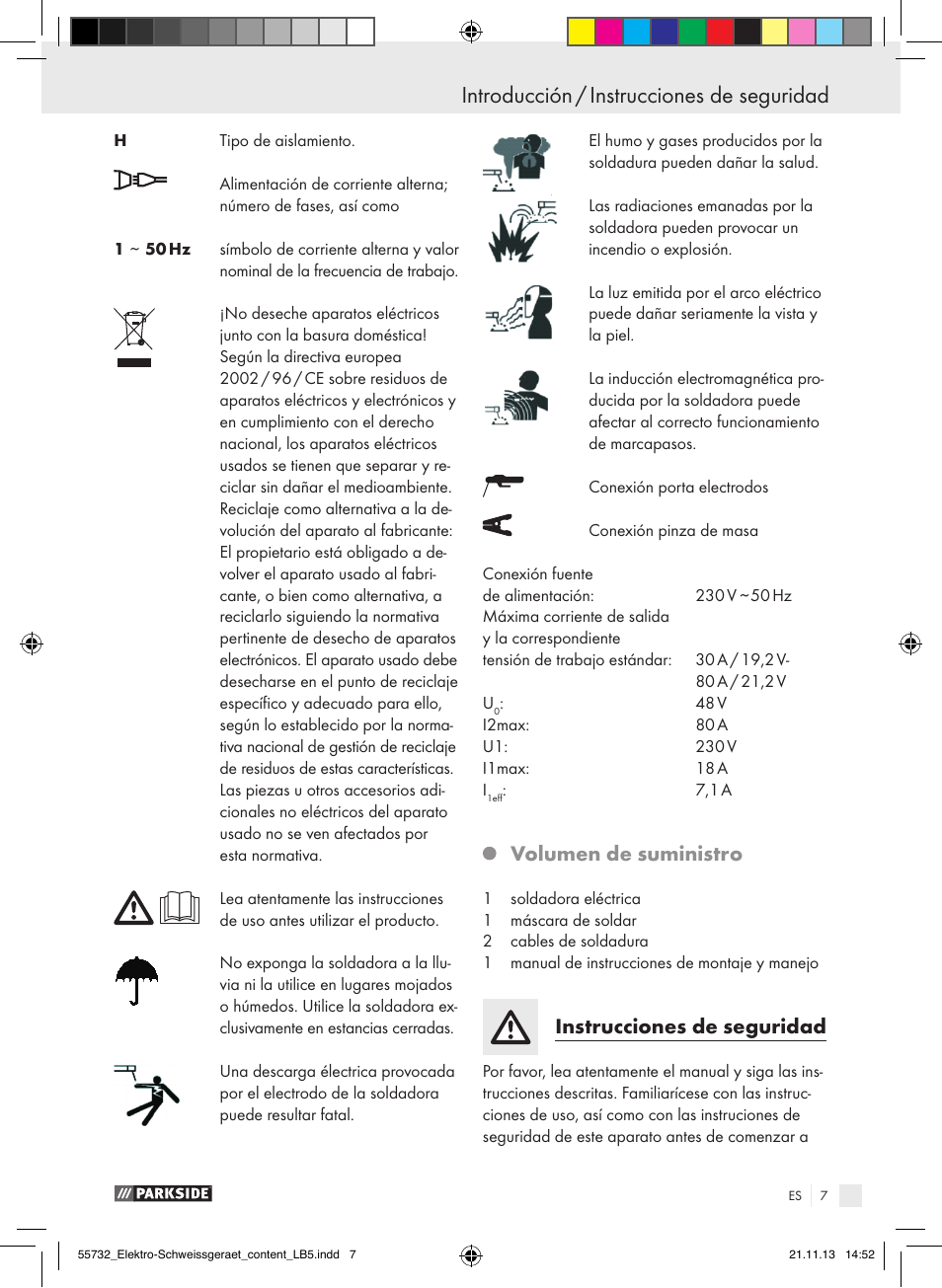 Volumen de suministro, Instrucciones de seguridad | Parkside PESG 120 A1 User Manual | Page 7 / 57