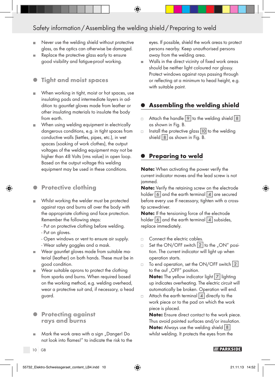 Tight and moist spaces, Protective clothing, Protecting against rays and burns | Assembling the welding shield, Preparing to weld | Parkside PESG 120 A1 User Manual | Page 10 / 75