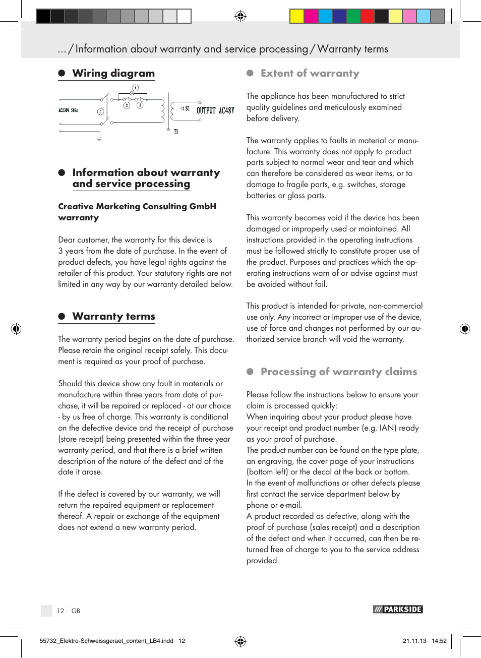 Warranty terms, Extent of warranty, Processing of warranty claims | Parkside PESG 120 A1 User Manual | Page 12 / 75