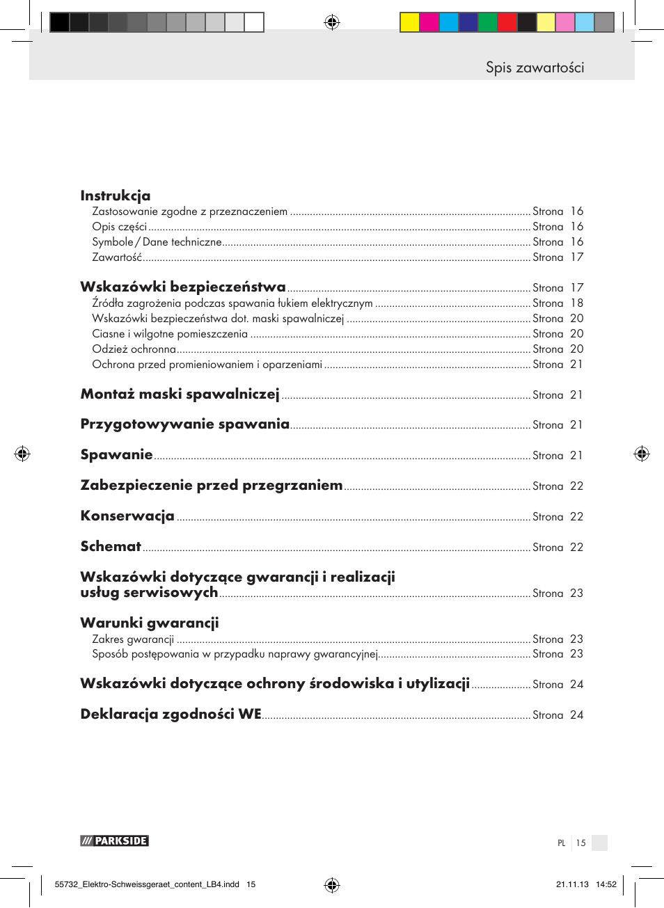 Spis zawartości | Parkside PESG 120 A1 User Manual | Page 15 / 75