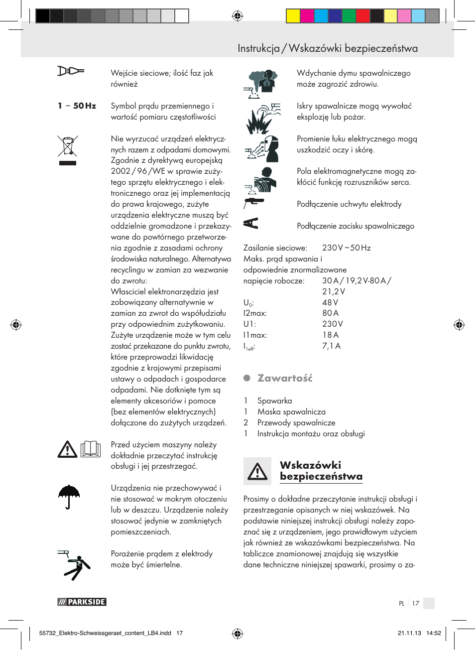 Instrukcja instrukcja / wskazówki bezpieczeństwa, Zawartość, Wskazówki bezpieczeństwa | Parkside PESG 120 A1 User Manual | Page 17 / 75