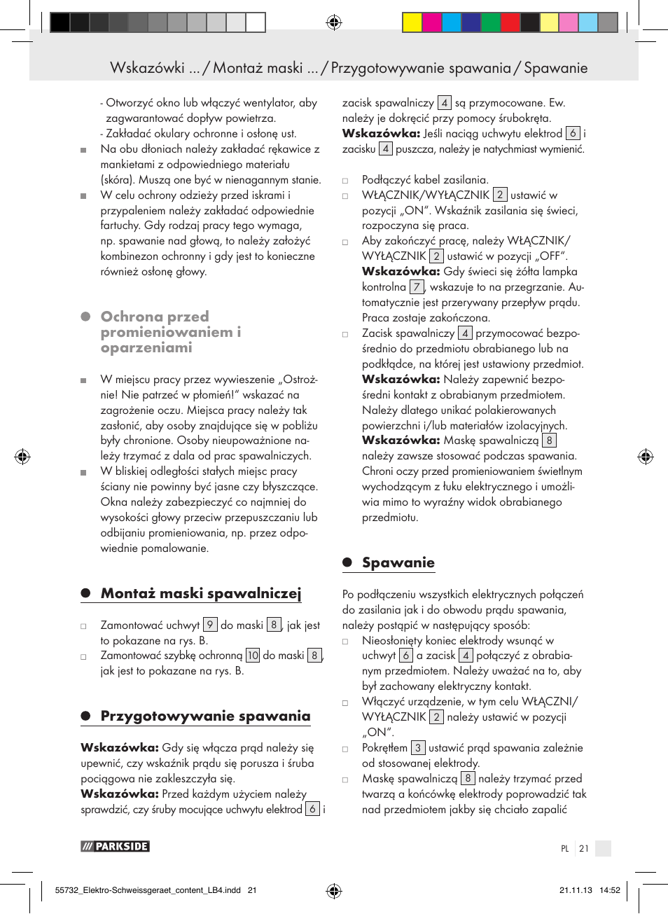 Ochrona przed promieniowaniem i oparzeniami, Montaż maski spawalniczej, Przygotowywanie spawania | Spawanie | Parkside PESG 120 A1 User Manual | Page 21 / 75