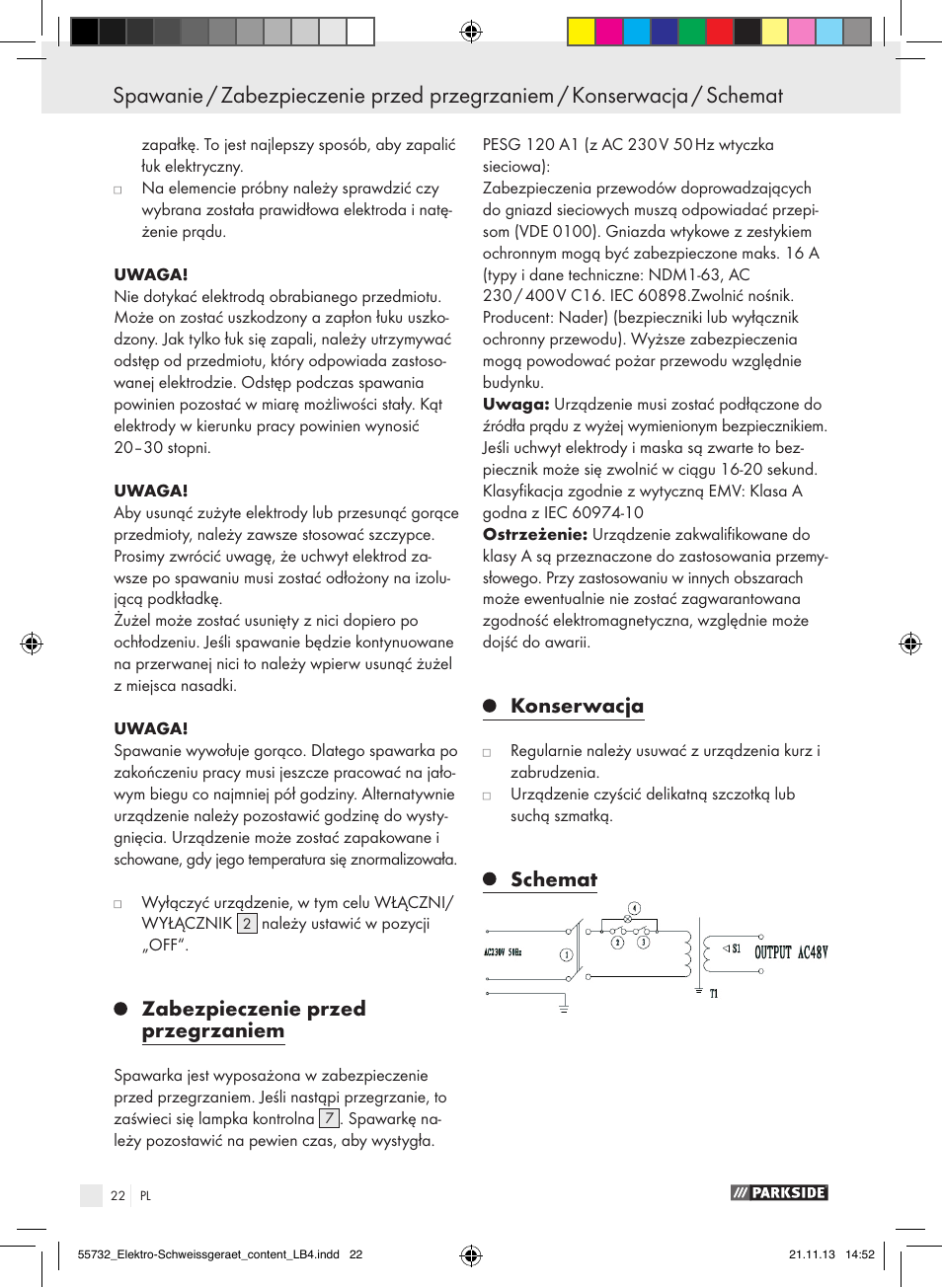 Zabezpieczenie przed przegrzaniem, Konserwacja, Schemat | Parkside PESG 120 A1 User Manual | Page 22 / 75