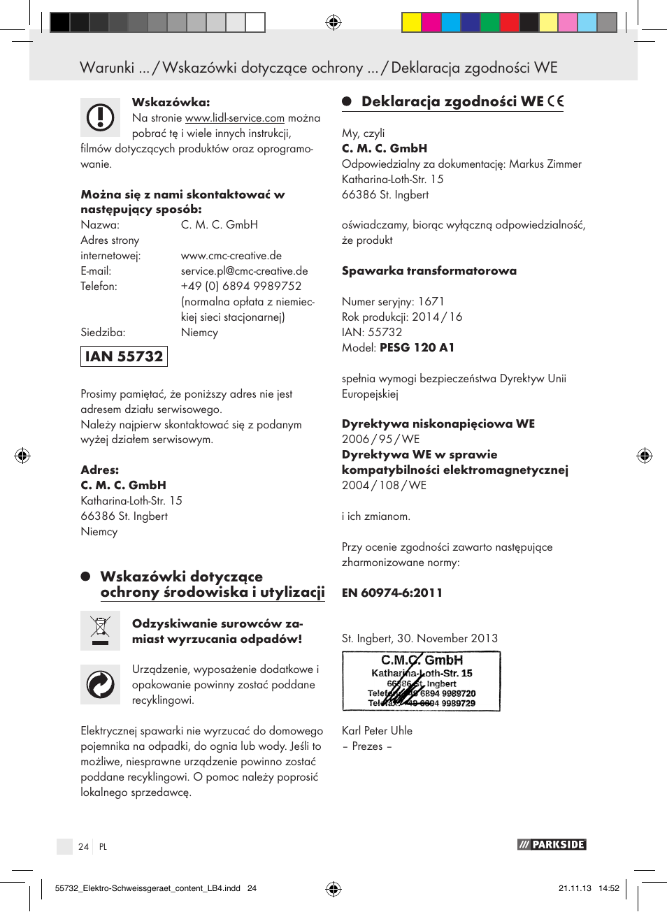 Deklaracja zgodności we | Parkside PESG 120 A1 User Manual | Page 24 / 75